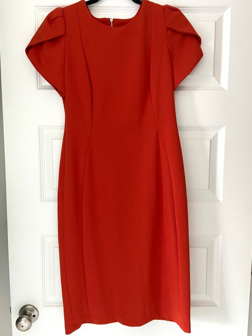 Andrew Marc Red Orange Tulip Sleeve Sheath Midi Dress Size 8